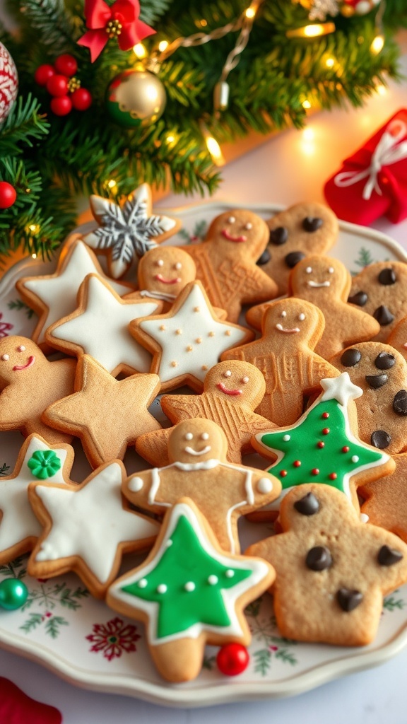Freezable Christmas Cookie Recipes An assortment of festive Christmas cookies including sugar cookies, gingerbread men, and chocolate chip cookies on a decorative platter.